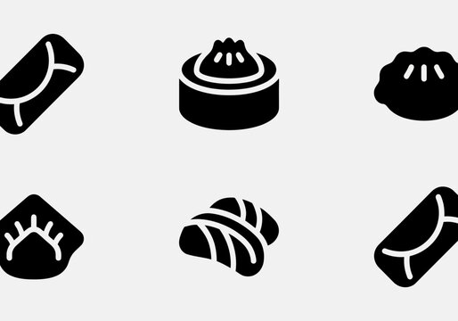 Collection of Chinese Dumpling and Spring Roll Icons, Black and White Vector Graphics