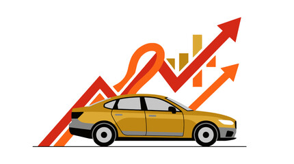 Fototapeta premium Yellow sedan car with rising financial growth arrows and bar chart representing automotive market sales increase. EPS Editable