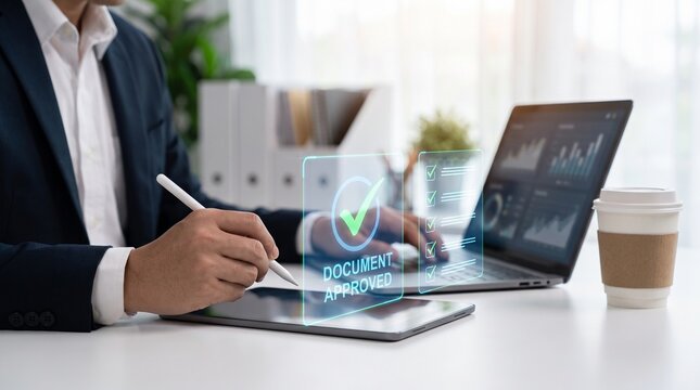 Professional Businessman Using Digital Tablet and Laptop for Efficient Electronic Document Approval and Workflow Management at Office Desk