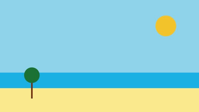 Minimalist beach landscape animation with sun and tree, flat style motion 4k background