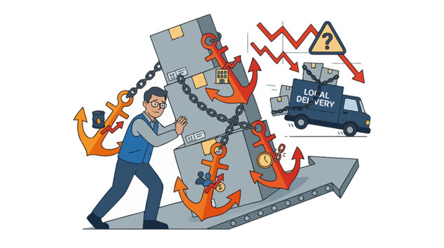 Struggling worker pushing heavy boxes held back by anchors and chains representing logistics delays. EPS Editable