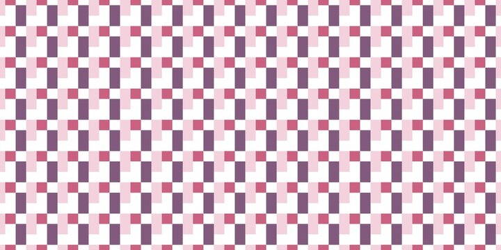 Geometric pink and purple pixelated chequerboard grid pattern layout base sheet. Trendy modern seamless print for retro video game graphics and teen fashion apparel linings.