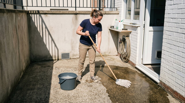 Repurposed Rinse Water for Floor Cleaning in a Bright Courtyard