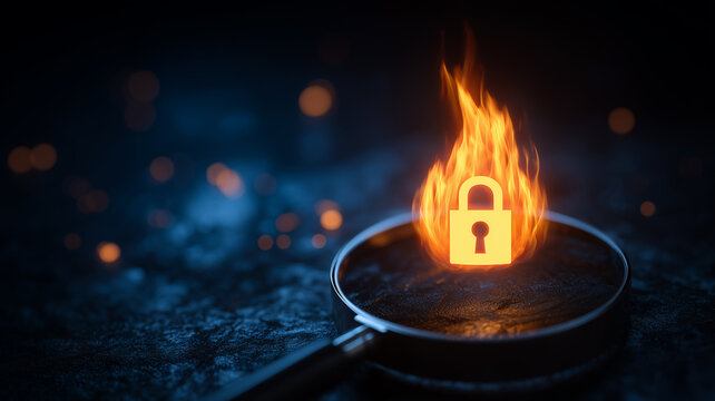 A flaming padlock examined through a magnifying glass represents firewall risk assessment, cyber threat detection, security incidents, and urgent data protection.
