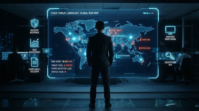 CISO executive standing before holographic cyber risk management interface showing enterprise threat assessment map and digital security risk monitoring for corporate protection solutions.