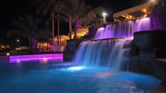 Night pool with cascading waterfall feature illuminated by colorful purple and blue lights, tropical resort spa background with palm trees
