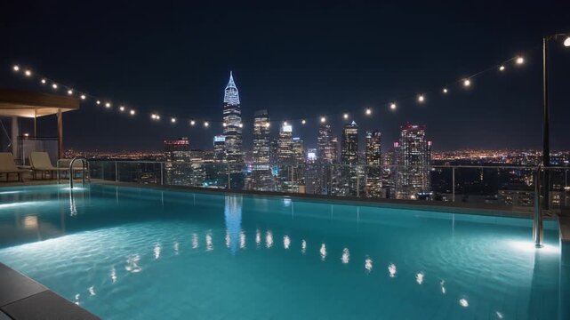 Rooftop night pool with city skyline view, illuminated turquoise water and elegant string lights, urban luxury penthouse atmosphere background