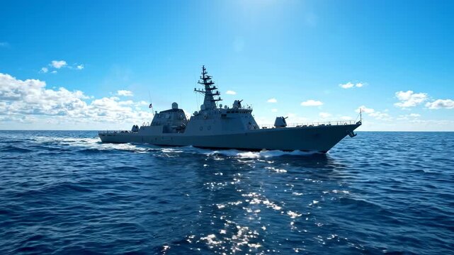 Military warship sailing on blue ocean