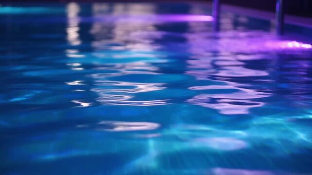 Close-up of rippling pool water illuminated by underwater lights at night, glowing blue and purple reflections, abstract texture background for luxury spa