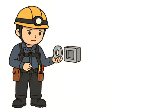 Construction worker finding incompatible parts during inspection, industrial troubleshooting illustration with copy space