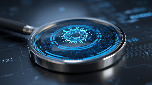 A magnifying glass focused on a virus symbol within a digital interface depicts cyber threat detection, symbolizing malware analysis, network protection, and proactive system defense.
