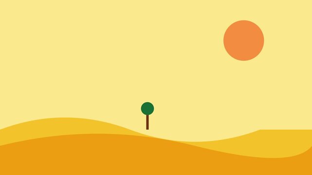 Minimalist desert landscape animation with lone tree and sun, flat motion 4k