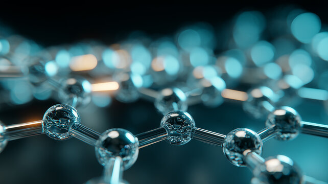 A close view of interconnected molecular spheres depicts a chemical structure, representing scientific research, nanotechnology, biotechnology, and advanced material discovery.
