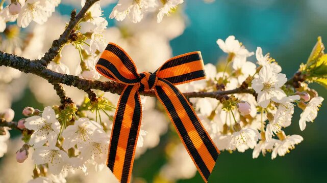 Orange and black striped ribbon on flowering tree branch