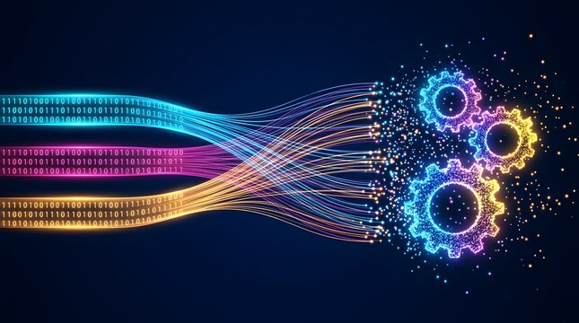 Vibrant binary data streams converging into intricate fiber optic lines, transforming into glowing particle gears, symbolizing advanced AI processing, automation, and digital innovation.