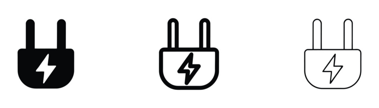 Three black and white of electrical plugs with lightning bolt symbols electricity power
