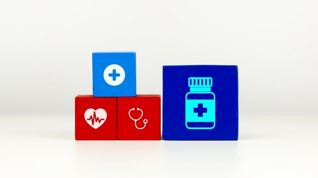 The doctor's hand displays a bucket with a medicine bottle icon. Concept of pharmaceutical treatment, medical prescription, and healthcare.