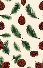 Fototapeta premium Brown pinecones and green needles scattered on a soft cream background.