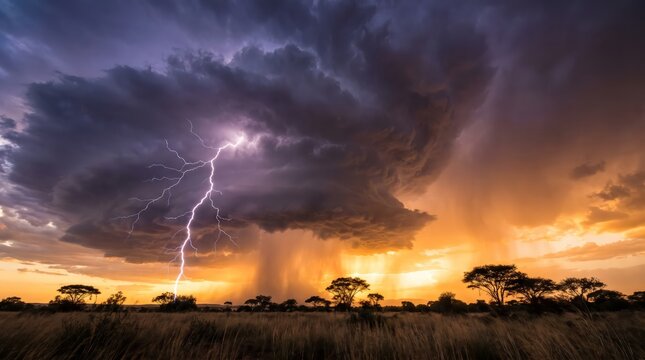 Dramatic lightning strike illuminating stormy clouds over grassy plains during a vibrant golden sunset with captures powerful lightning bolt striking down dark