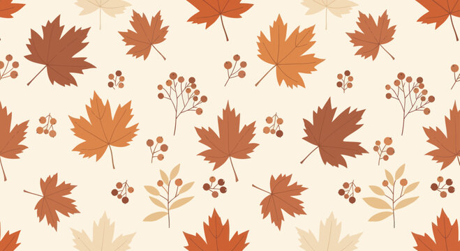 Seamless pattern of autumn maple leaves and berries.