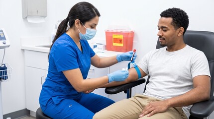 Medical Procedure: A healthcare professional performs a blood draw on a patient in a clinic setting, highlighting a common medical diagnostic test.