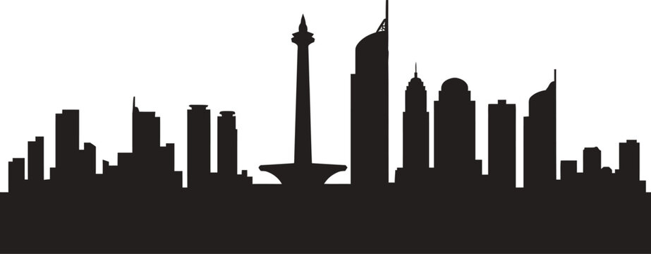 Jakarta city skyline silhouette featuring national monument monas, indonesia