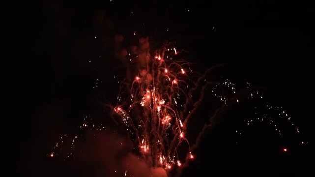 Red fireworks exploding in the night sky