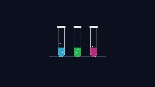 Minimalist science animation with three colorful test tubes bubbling in laboratory setting 4k chemistry