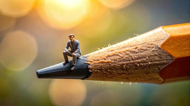 Miniature figure sits atop pencil, blurred background, creative concept