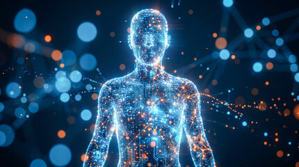 Naklejka premium Artificial intelligence concept featuring a glowing digital human silhouette made of circuitry and light particles against a dark background with blue and orange bokeh