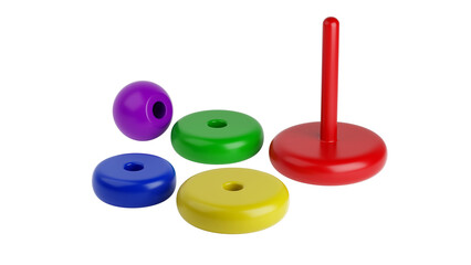Disassembled Colorful Stacking Ring Toy with Separate Parts Isolated on White Background