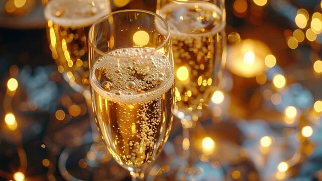 Close-up of champagne flutes with bubbles, surrounded by soft, warm bokeh lights