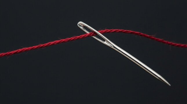Needle threading red yarn on dark background  