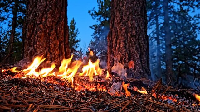 Wildfire flames burning forest floor debris and pine needles at the base of pine trees during twilight, low angle close up