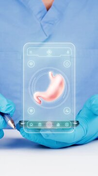 Doctor using a telemedicine and AI mobile app for digital gastric monitoring and stomach cancer detection. Modern gastroenterology concept.