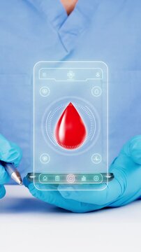 The doctor uses a telemedicine and artificial intelligence mobile app for the digital monitoring and registration of blood donors. A modern concept in blood management and donation.