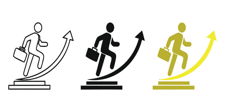 Business career growth and financial success concept icon set with businessman stepping up on arrow in outline and flat vector illustration styles.