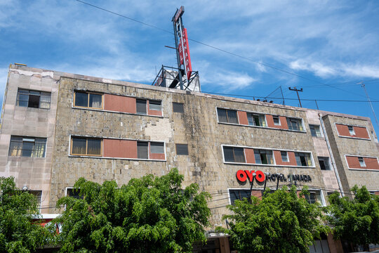 Guadalajara, Mexico - March 7 2026: OYO Hotel Anaba, an aging building located near the former bus terminal of Guadalajara. This historic area attracts many tourists and travelers