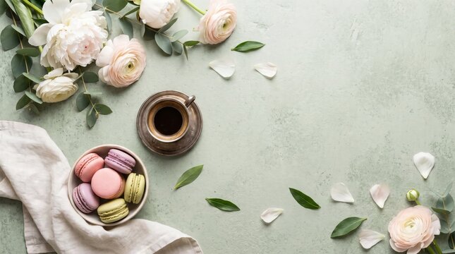 Elegant morning coffee break featuring colorful french macarons surrounded by soft pink peonies with displays high angle flat lay colorful macarons bowl