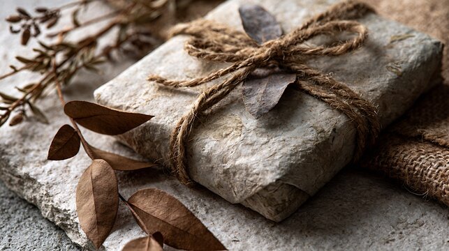 Recycled paper wrapped gift tied with jute twine and dried leaves on a textured neutral background