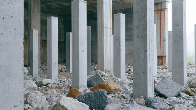 Underconstruction View of Concrete Pillars Surrounded by Rocks in a Foggy Environment