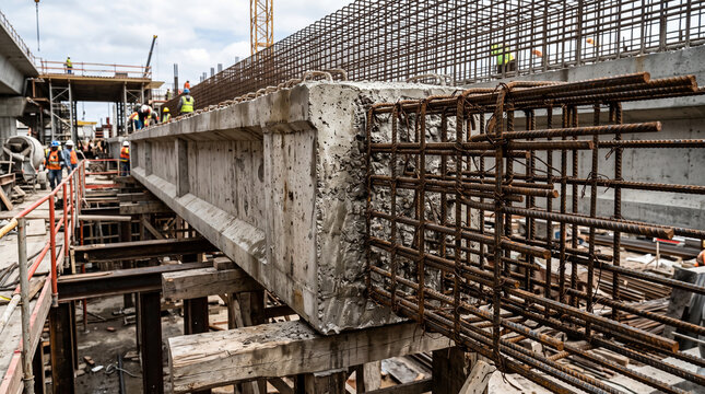 Construction worker welding metal beams on site. Industrial welder fusing steel framework with sparks flying in outdoor building project.