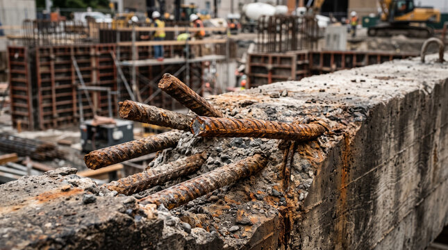 Rusted steel rebar exposed in concrete demolition. Corroded construction reinforcement bars breaking through cracked cement.
