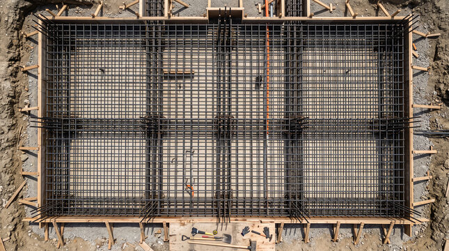 Reinforced concrete foundation grid for construction. Heavy-duty structural framework with steel rebar reinforcement.