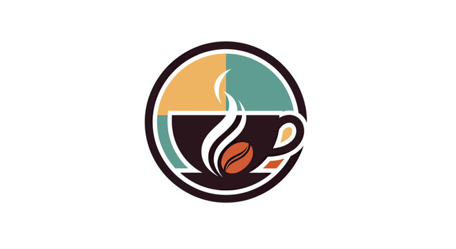 Retro circular coffee shop logo with cup and bean.