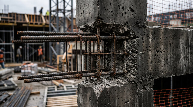 Reinforced concrete beam under construction with exposed steel rebar. Industrial structural framework during building foundation phase.