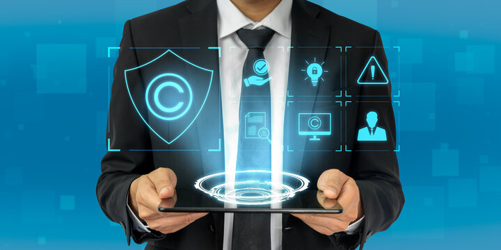 Digital copyright protection system showing secure ownership, intellectual property rights, content verification, and legal warning icons for creators and publishers Vouch