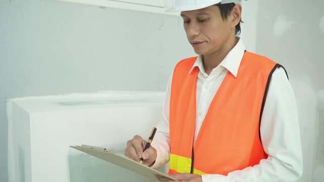 inspector or engineer is inspecting construction and quality assurance new house using a checklist. Engineers or architects or contactor work to build the house before handing it over to the homeowner