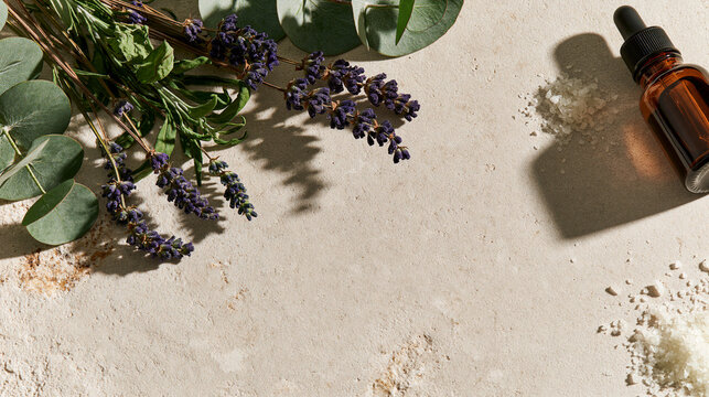 Flat lay of lavender and eucalyptus with essential oil on a light surface for wellness and aromatherapy
