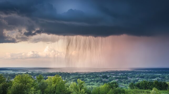 Dramatic rain shower over a green landscape under dark storm clouds